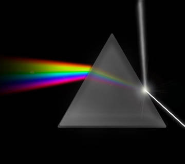 A picture of a beam of light dispersed in a prism.